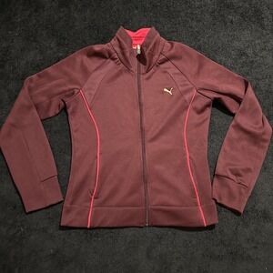 Puma Track Jacket Women Large Full Zip Burgundy Red Piping Gold Logo 504464